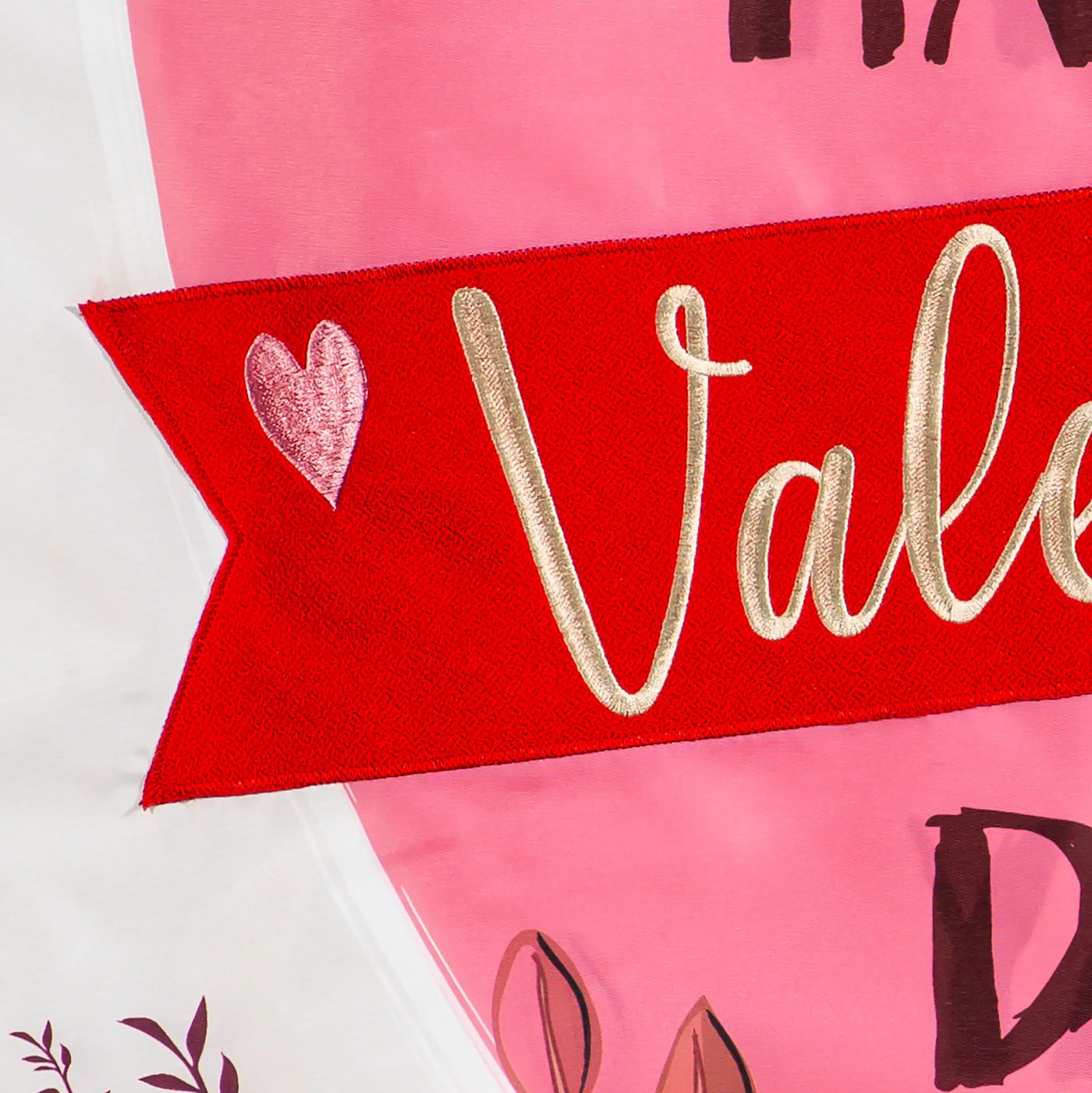 Happy valentine’s day heart and floral applique house flag with red ribbon gold embroidered script and pink heart patch