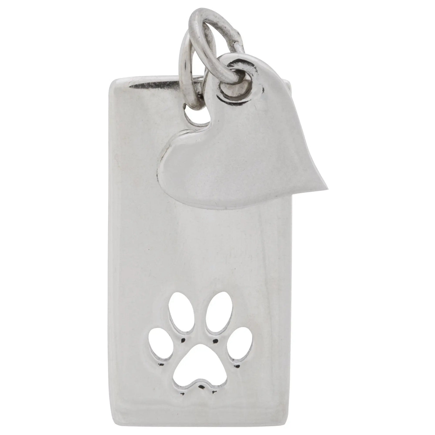 Silver rectangular pendant necklace featuring a heart-shaped charm with a paw print cutout in sterling silver