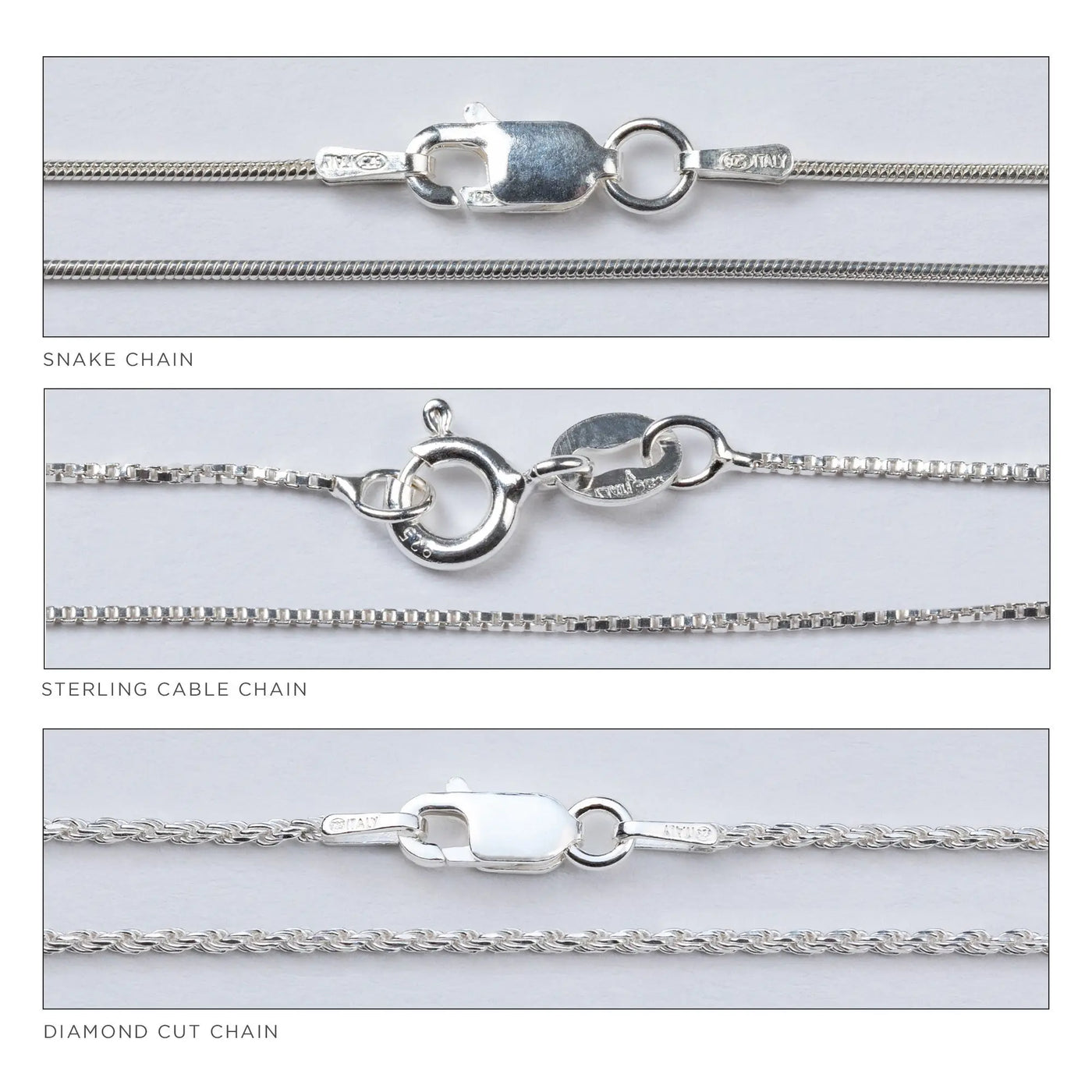 Silver snake chain sterling cable chain and diamond cut chain necklaces with polished metal links heart and paw sterling necklace