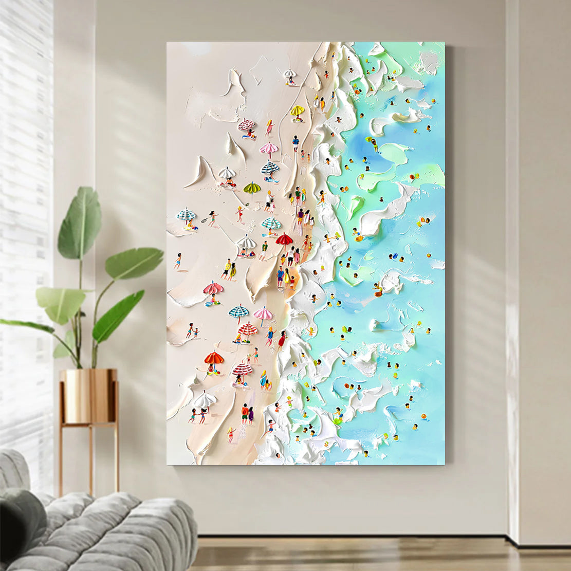 Colorful coastal wall art on canvas featuring a beachfront scene, designed by Tailored Canvases for seaside home decor.