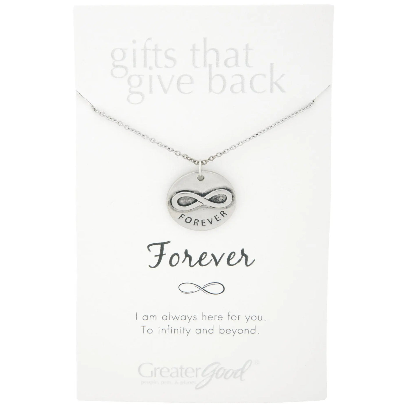 Silver infinite strength of love pewter necklace with infinity pendant and forever engraved disc on branded card
