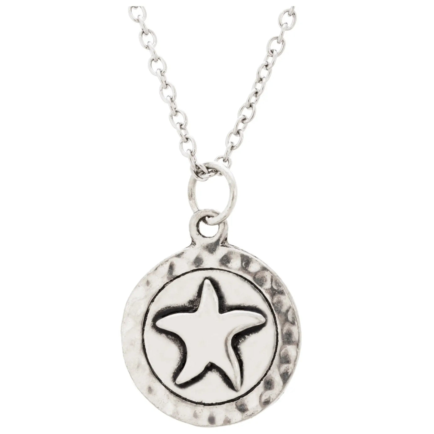 Silver star pendant necklace with hammered circular charm and oxidized finish from life at sea sterling collection