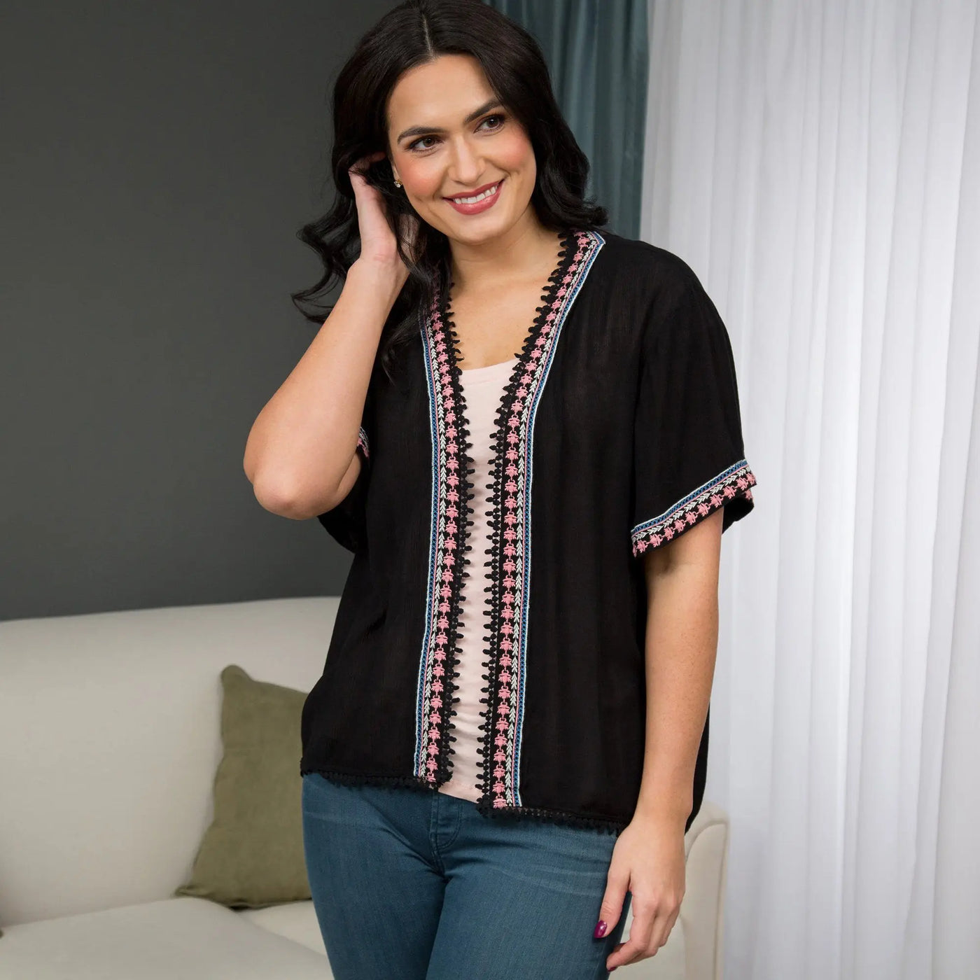 Black embroidered open-front cardigan midnight muse with pink and blue floral detailing on neckline and sleeves