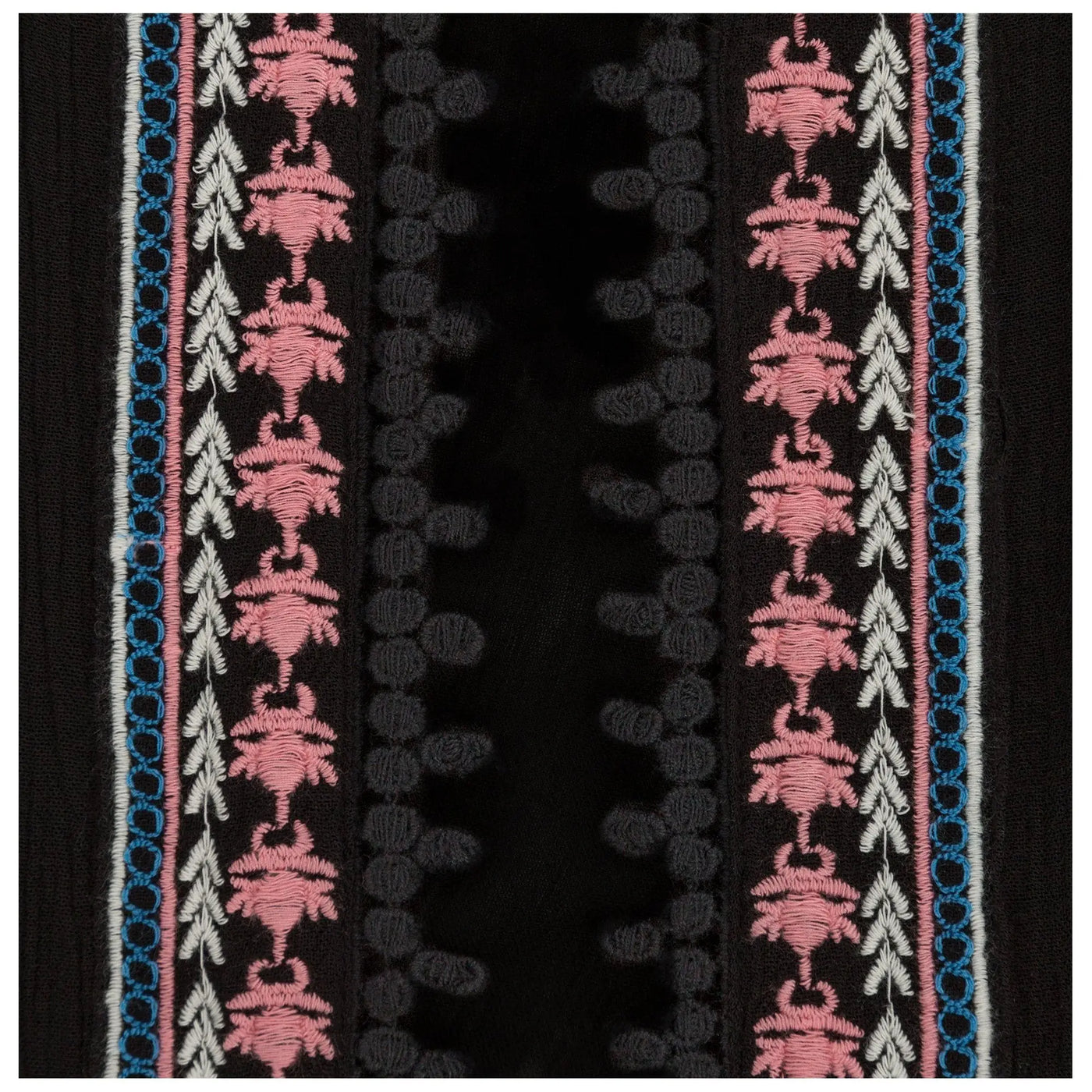 Midnight muse open-front cardigan in black with intricate pink white embroidery and blue border accents