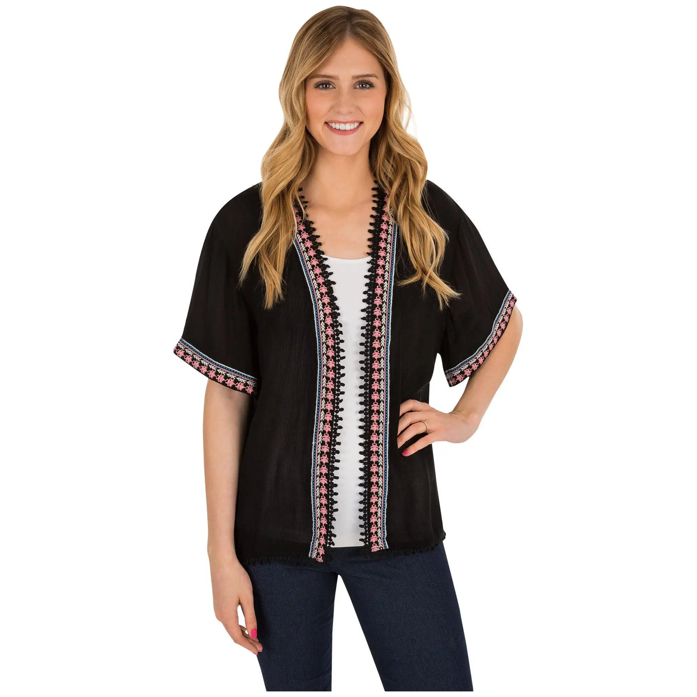 Midnight muse open-front cardigan in black with pink and white embroidered trim on front opening sleeves and hem