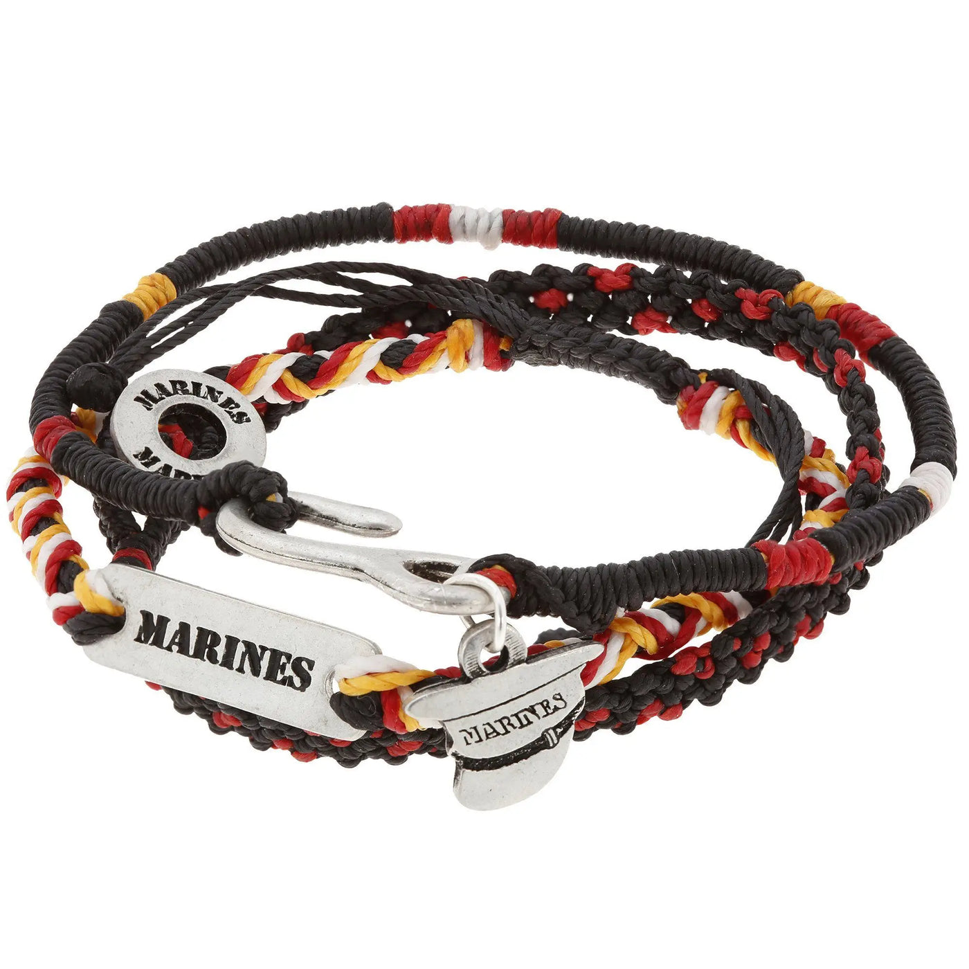 Black red and yellow braided cord military hat woven bracelet with silver marines charms and hook clasp