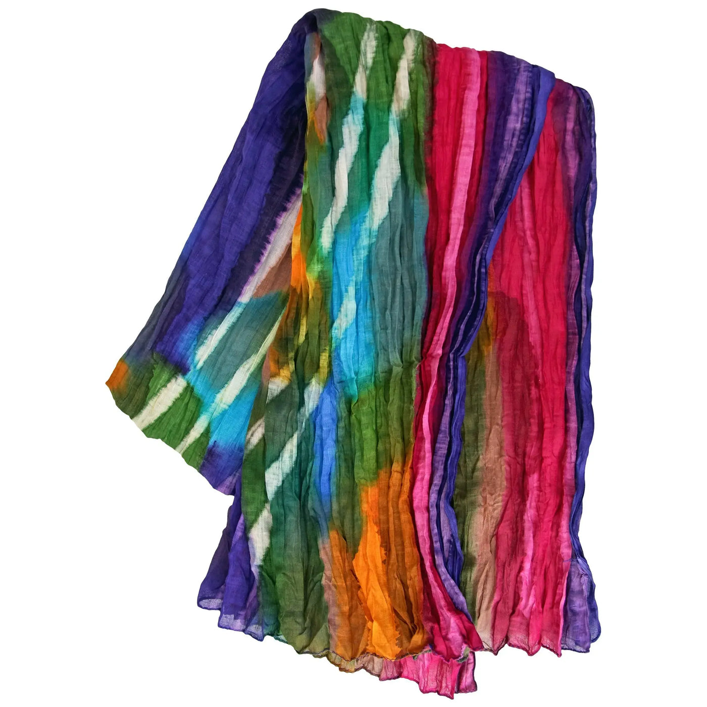 A vibrant multi-colored northern lights cotton scarf with lightweight flowing fabric and soft folds fair trade