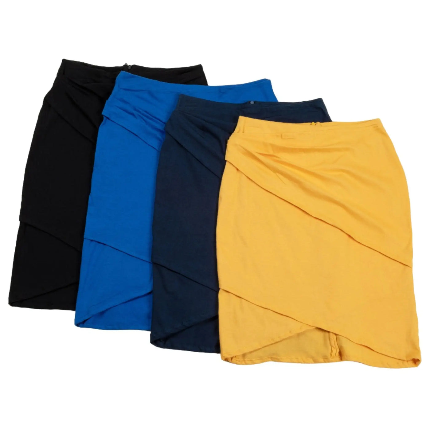 Organic layered pencil skirts in black royal blue navy and mustard yellow made from sustainable fabric