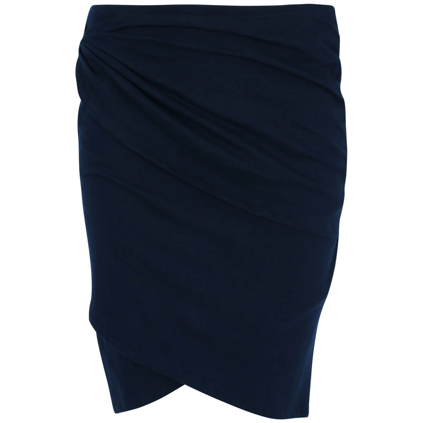 Organic layered pencil skirt in navy blue with a sleek draped silhouette and asymmetrical hemline