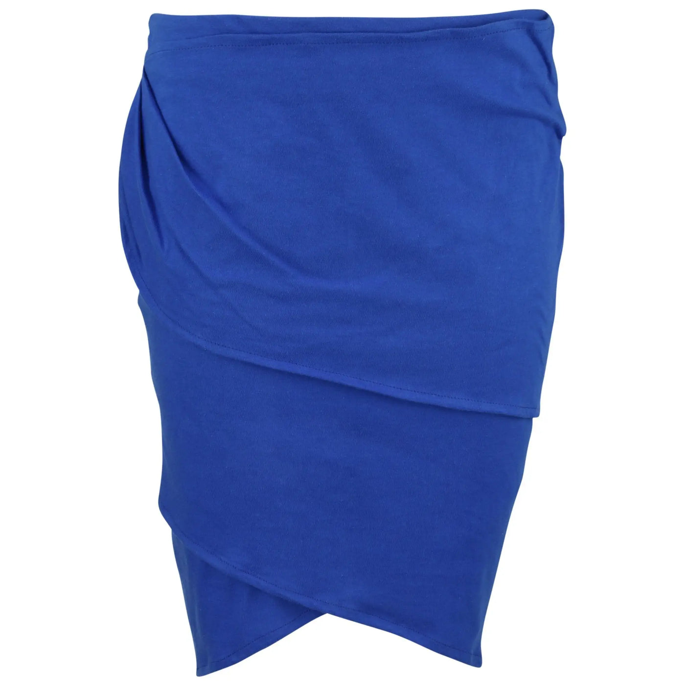 A vibrant royal blue organic layered pencil skirt with a sleek draped design and smooth fabric