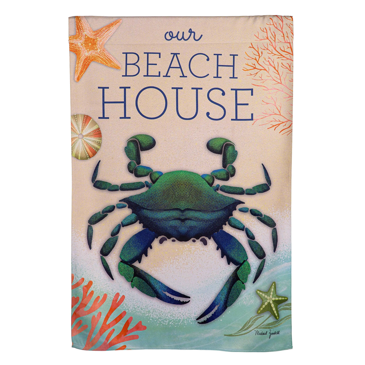 A vibrant green and blue crab on a coral beach-themed garden suede house flag with starfish on beige background