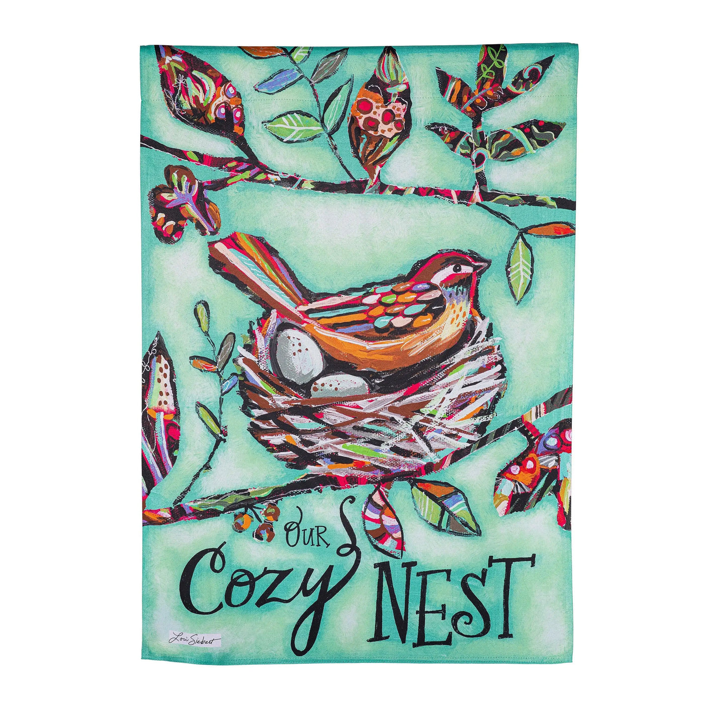 Our cozy nest suede house flag with a vibrant colorful bird in a woven nest and eggs on a teal background
