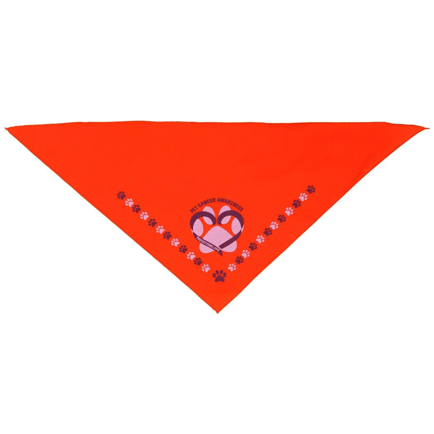 Bright orange triangular pet bandana with central paw print and pet cancer awareness text bordered by small paw prints