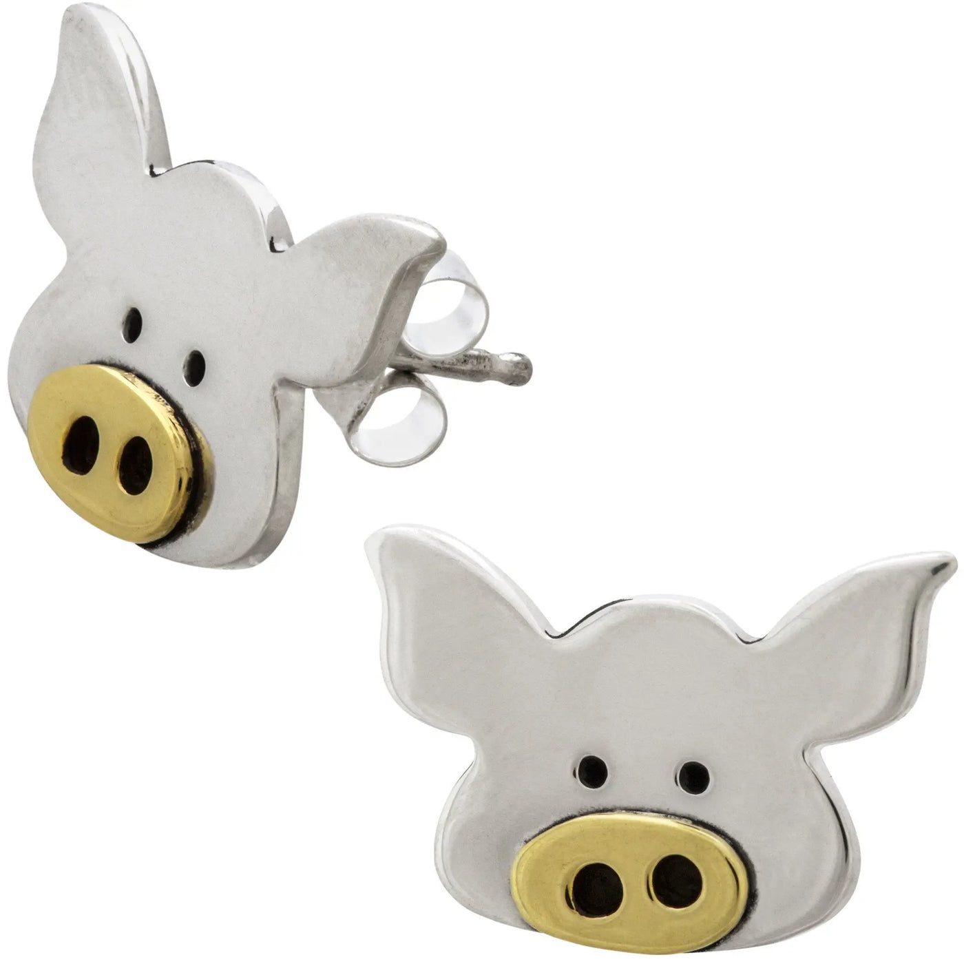 Silver and gold pig-shaped stud earrings with polished metallic finish from piggy portrait mixed metal earrings