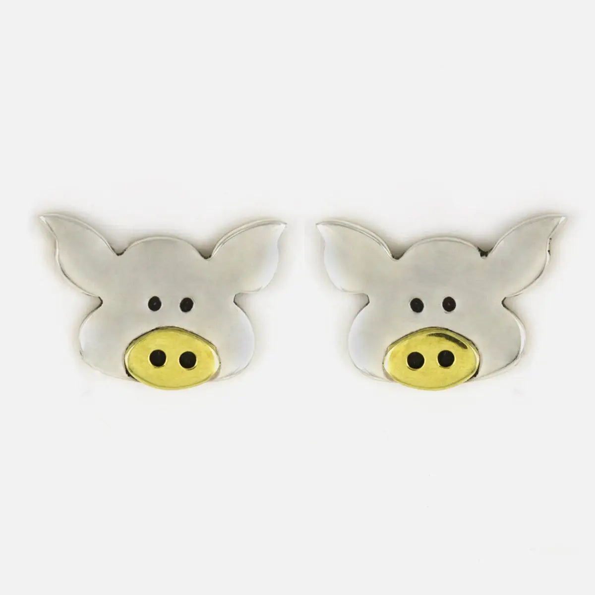 Silver and gold pig-shaped mixed metal stud earrings with black dot eyes called piggy portrait earrings