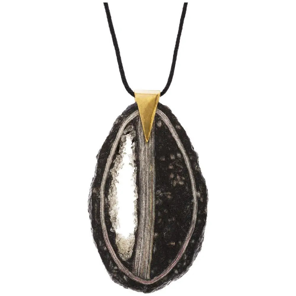 Quazi paper quartz pendant with black and silver shell, gold-toned triangular clasp, and black cord necklace