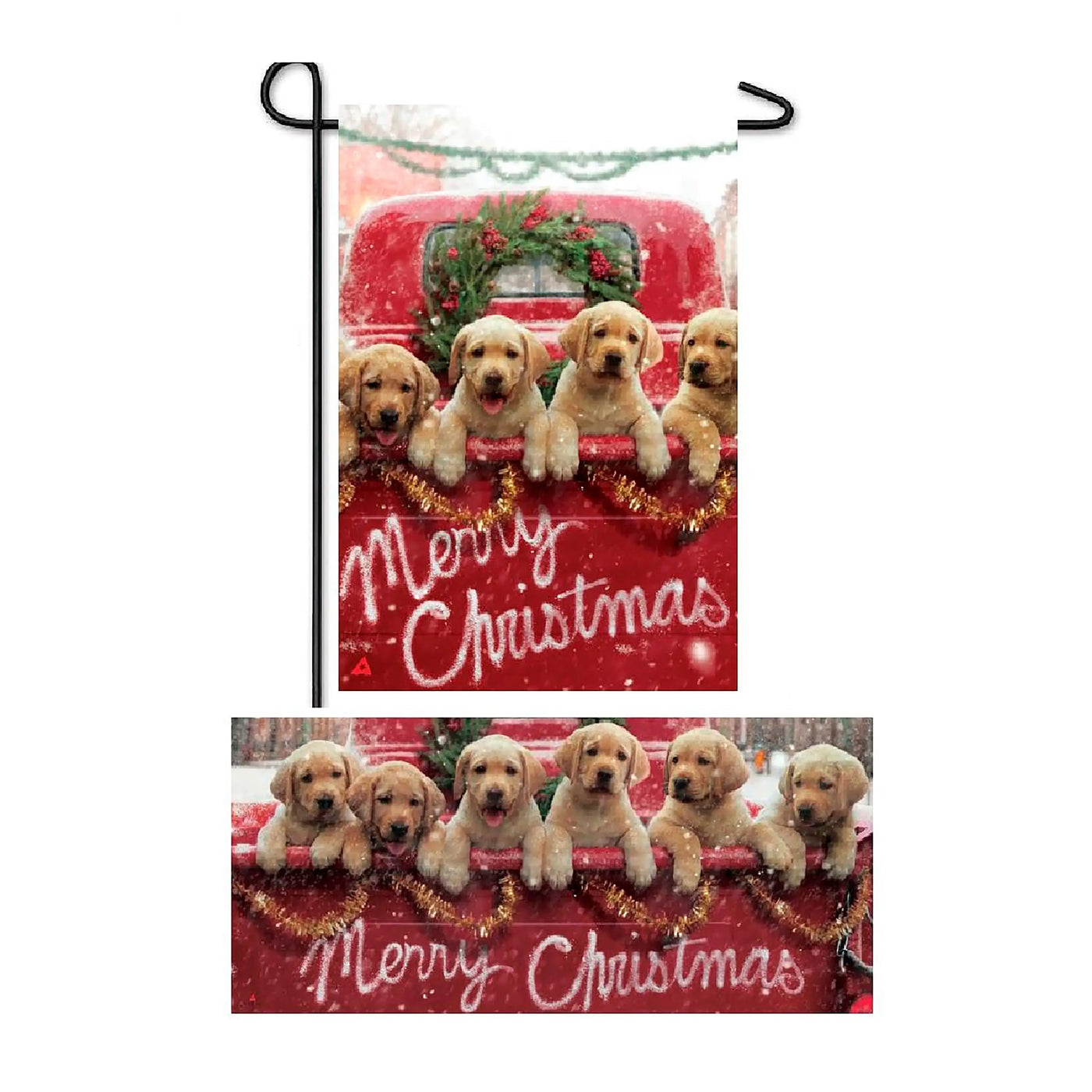 Red truck with puppies garden burlap flag features five golden retriever puppies in snowy truck bed with merry christmas script
