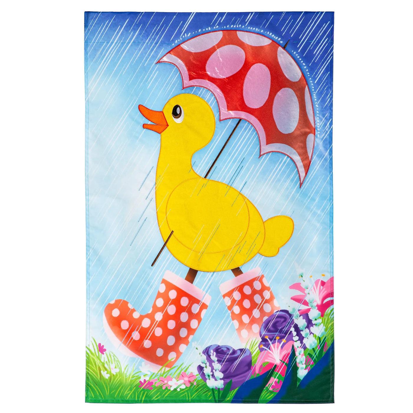 Spring duckling applique house flag showing a cheerful yellow rubber duck in orange polka-dot rain boots with a red umbrella