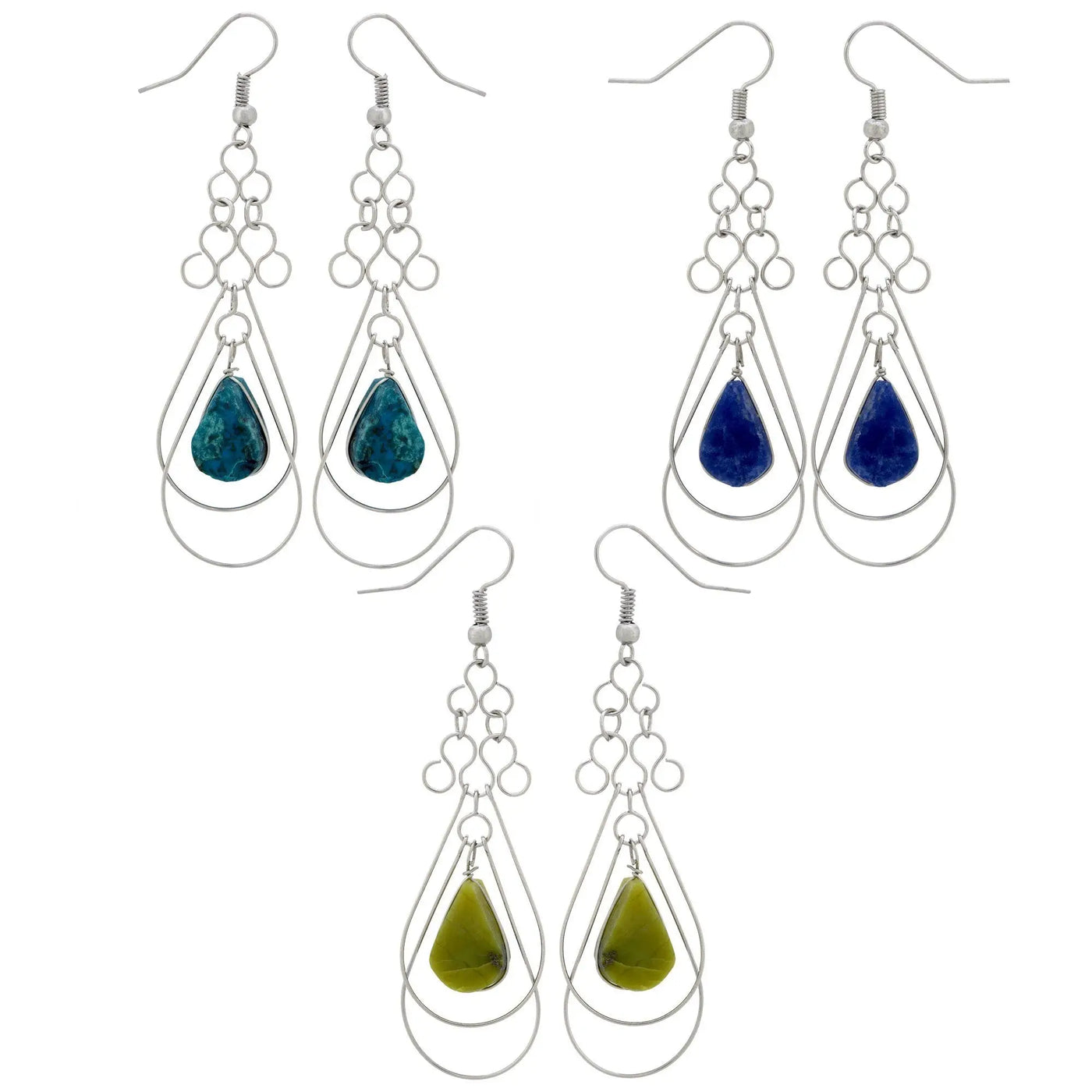 Silver wire dangle teardrop loops stone earrings with teal royal blue and olive green stones