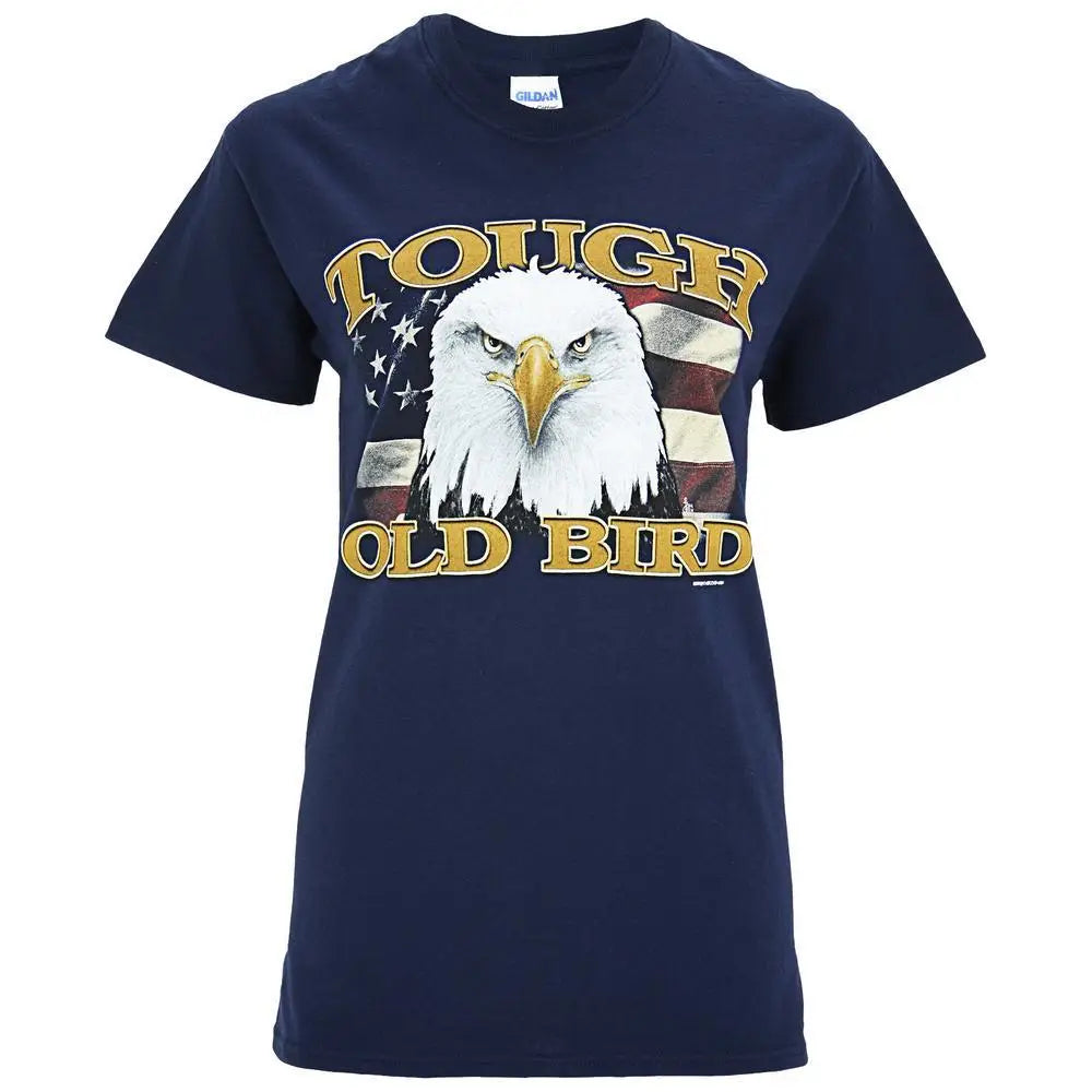 Navy blue gildan tough old bird eagle t-shirt with white eagle gold beak and eyes on american flag background