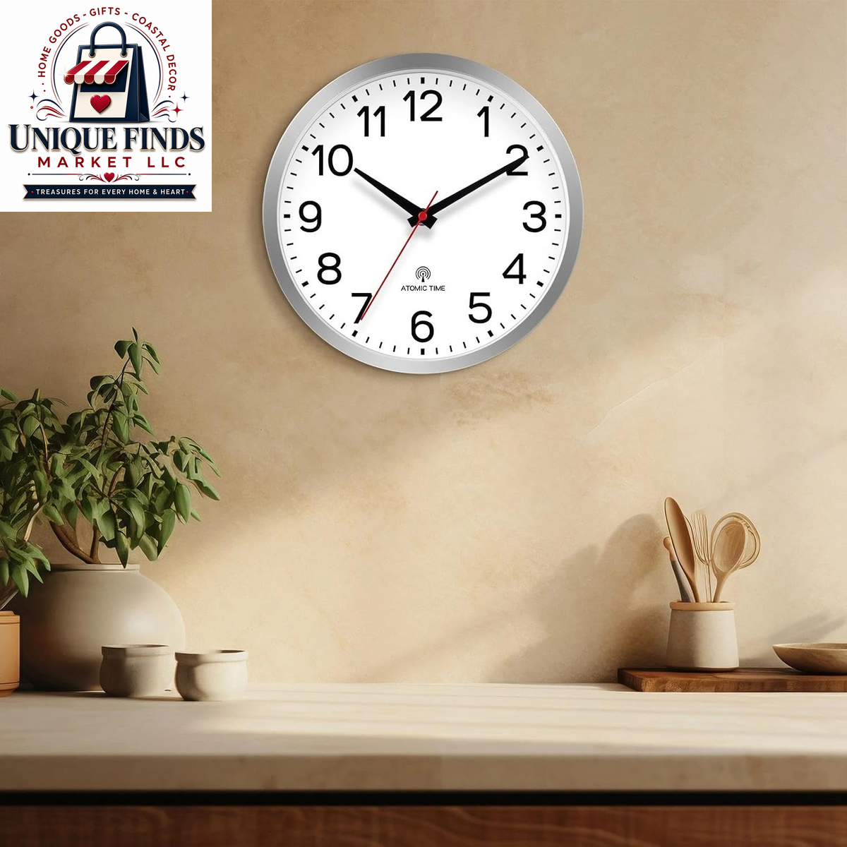 AKCISOT 12-Inch Silent Battery-Operated Analog Wall Clock in Silver
