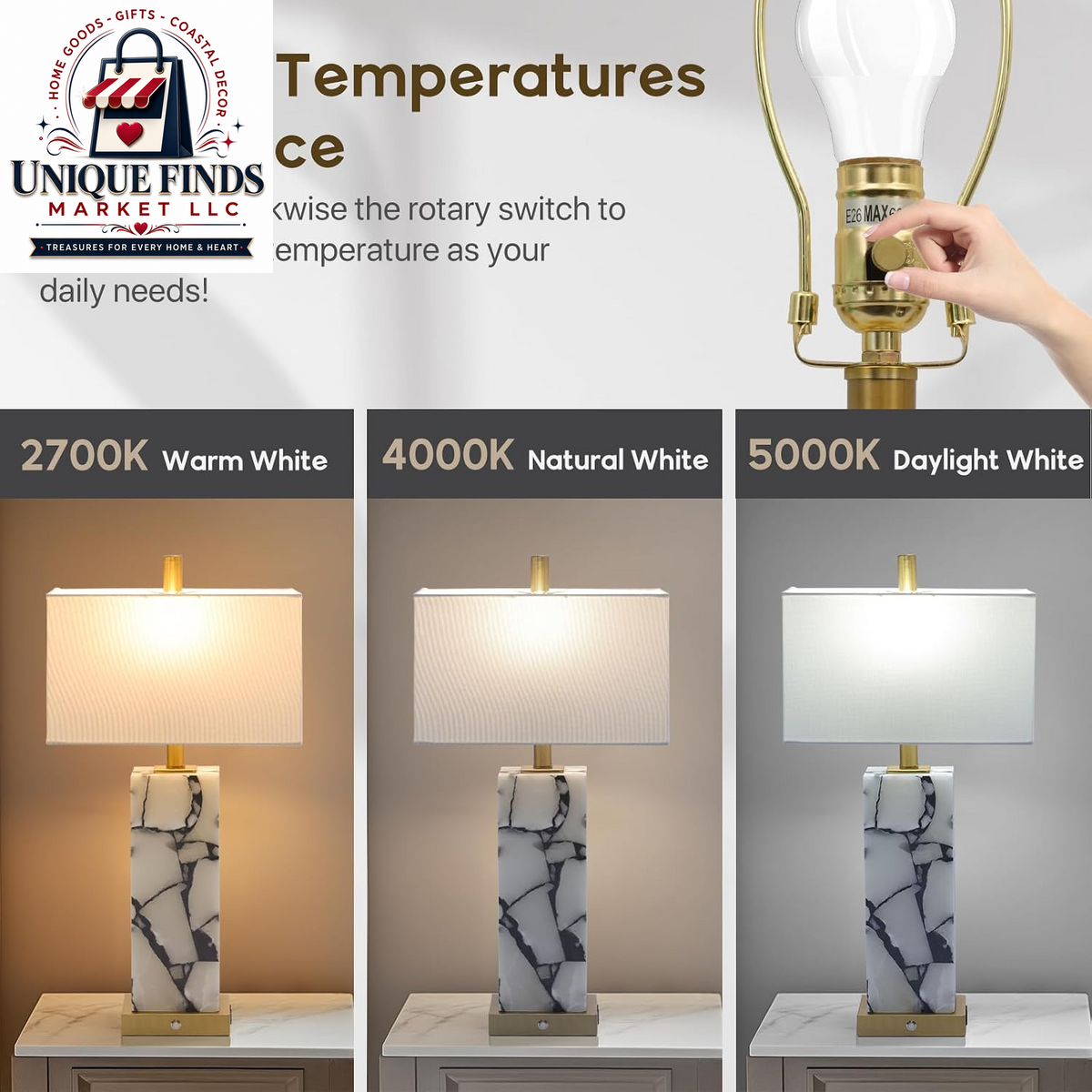 Set of 2 Alabaster Table Lamps with Nightlight - 25.7" Natural Marble Design