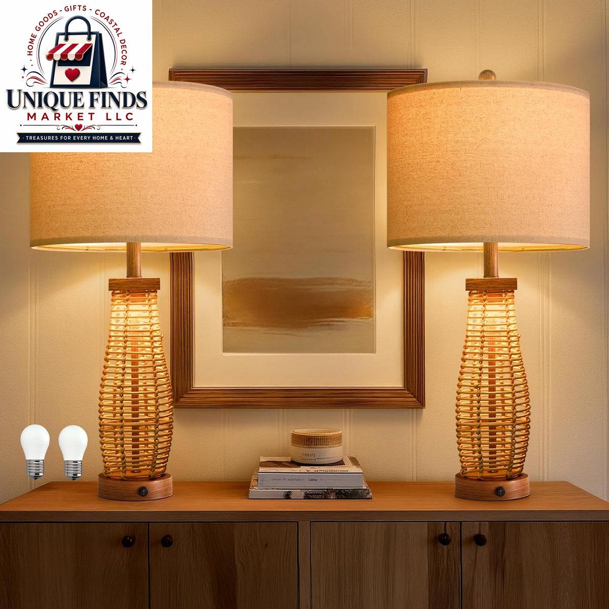 OYEARS 21" Bohemian Table Lamp Set of 2 for Living Room and Bedroom, Rattan Design for Nightstands and End Tables, Rustic Brown Farmhouse Decor