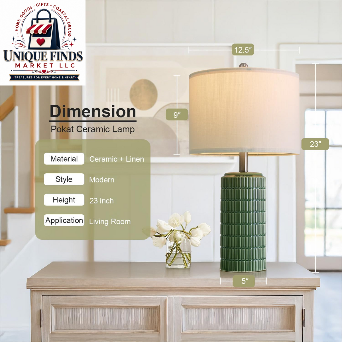 Pokat Set of 2 Modern 24" Ceramic Table Lamps in Green for Bedroom and Living Room Decor