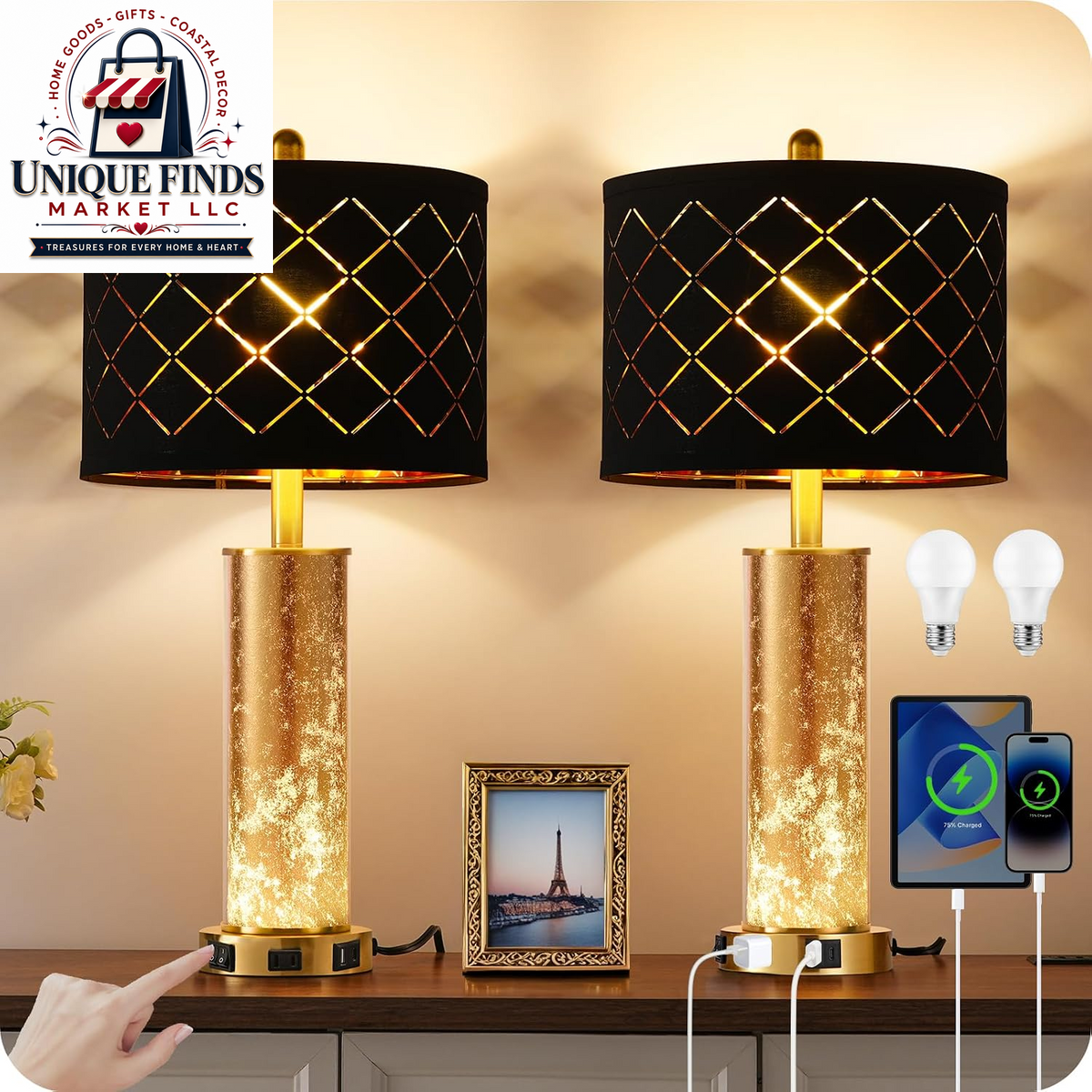 Set of 2 Farmhouse Industrial Bedside Table Lamps with USB Ports, Rustic Vintage Nightstand Desk Lamps for Living Room and Bedroom, Includes 4 Bulbs, Beige and Black E14TLP205