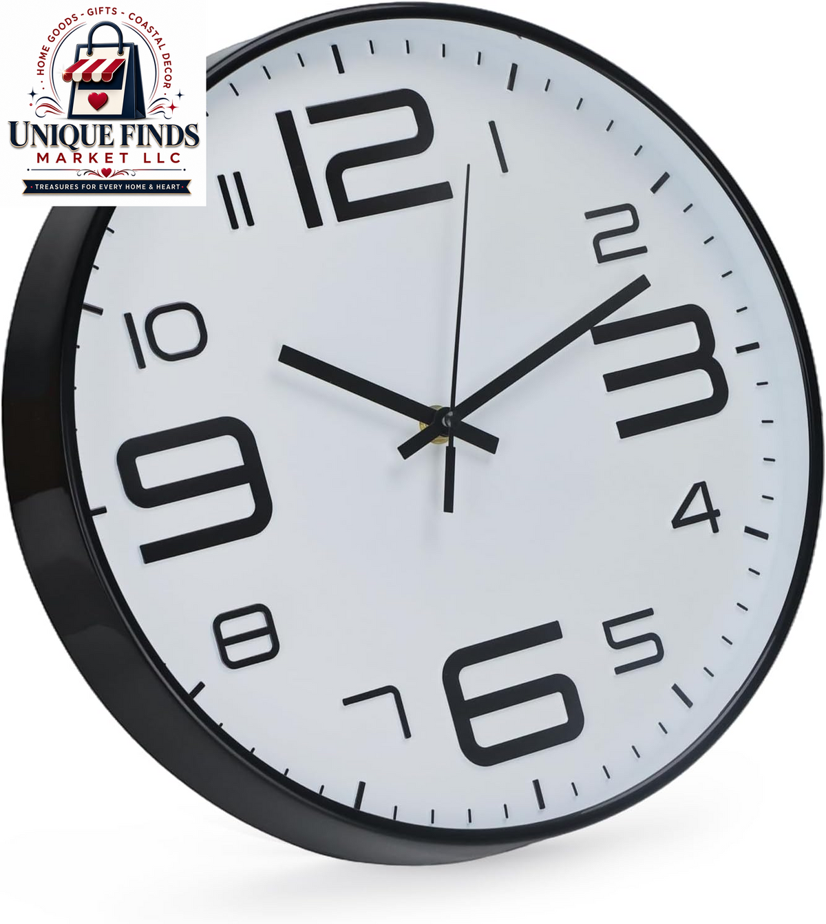 Modern Silent Quartz Wall Clock - Battery Operated, Non-Ticking, 12 Inch Round Decor - Trendy and Practical Design for Office, Home, or School (White-Black)