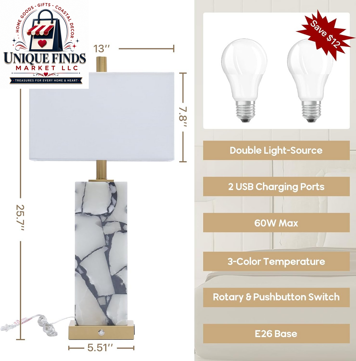 Set of 2 Alabaster Table Lamps with Nightlight - 25.7" Natural Marble Design