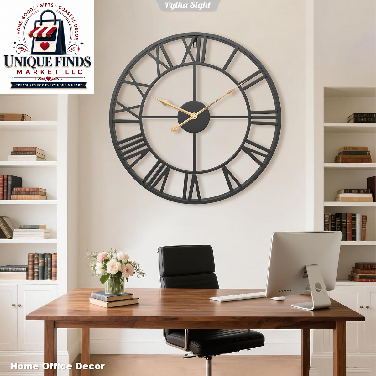 Pytha Sight 30-Inch Black Large Roman Numeral Wall Clock for Living Room Décor
