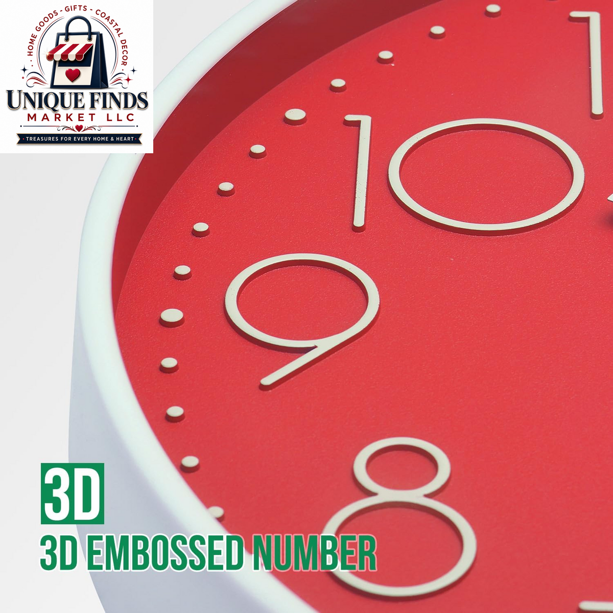 12-Inch Non-Ticking Silent Quartz Wall Clock with Red Stereoscopic Dial - Modern Round Design for Home, Office, School, Living Room, Bedroom, and Kitchen Decor