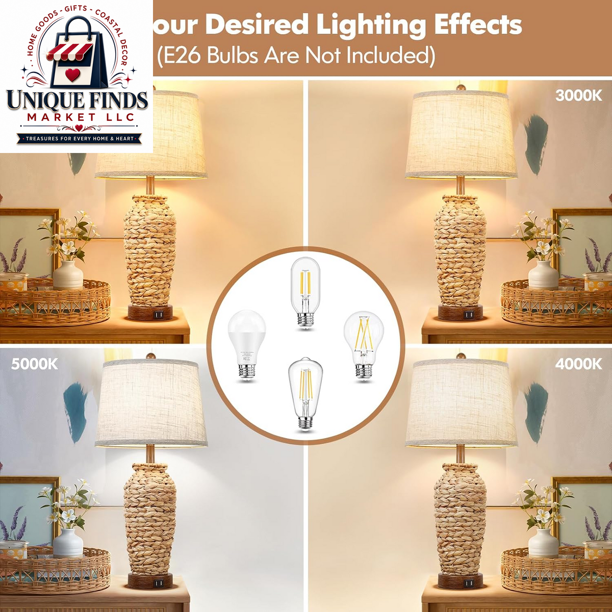 Set of 2 27-Inch Tall Rattan Table Lamps with USB Charging Ports, Boho Farmhouse Woven Seagrass Bedside Lighting for Living Room and Bedroom, E26 Socket, Cream Shade