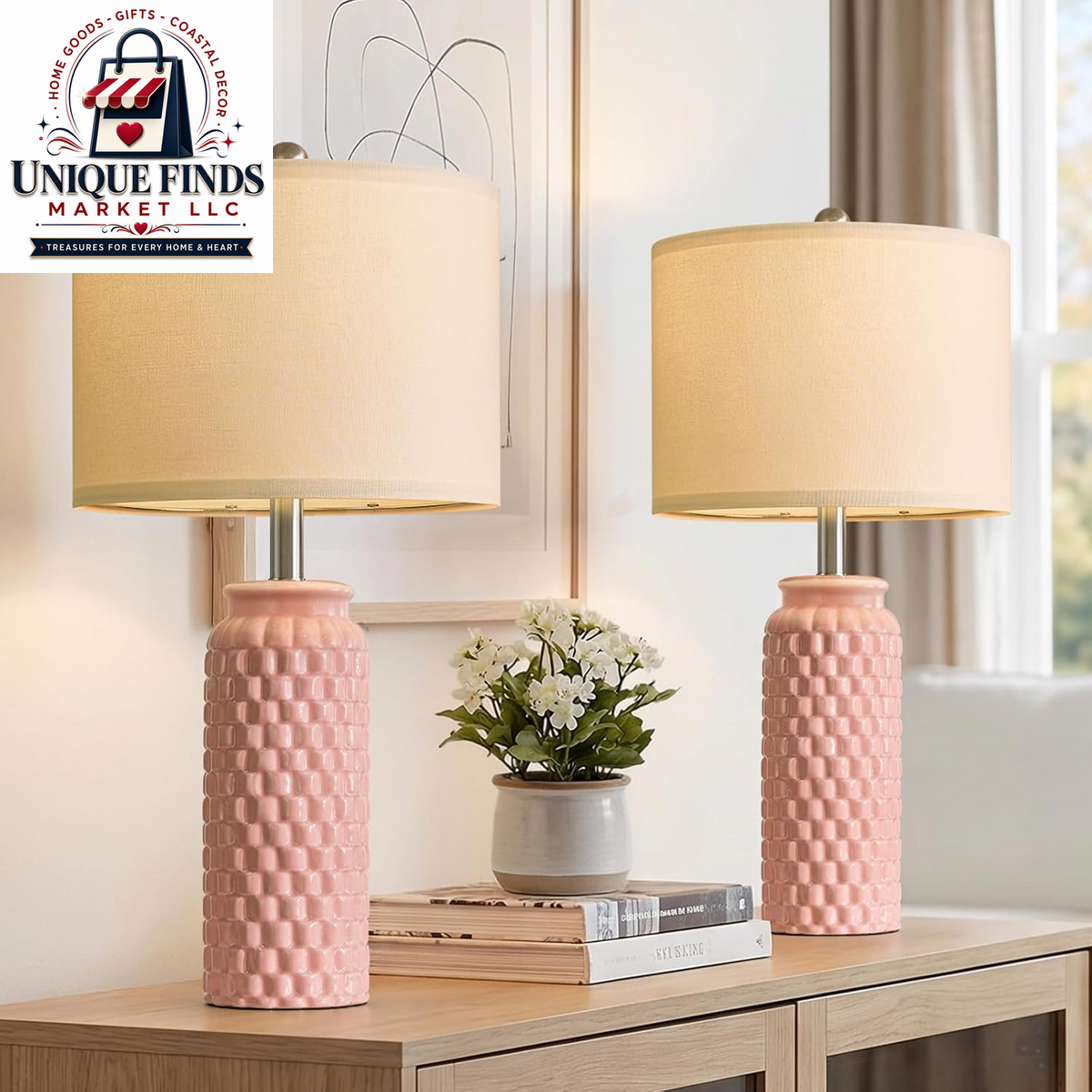 Usumkky Set of 2 27" Ceramic Table Lamps - Modern Farmhouse and Boho Style Bedside Nightstand Lighting for Bedroom and Living Room, Compact Desk Lamps (Pink)