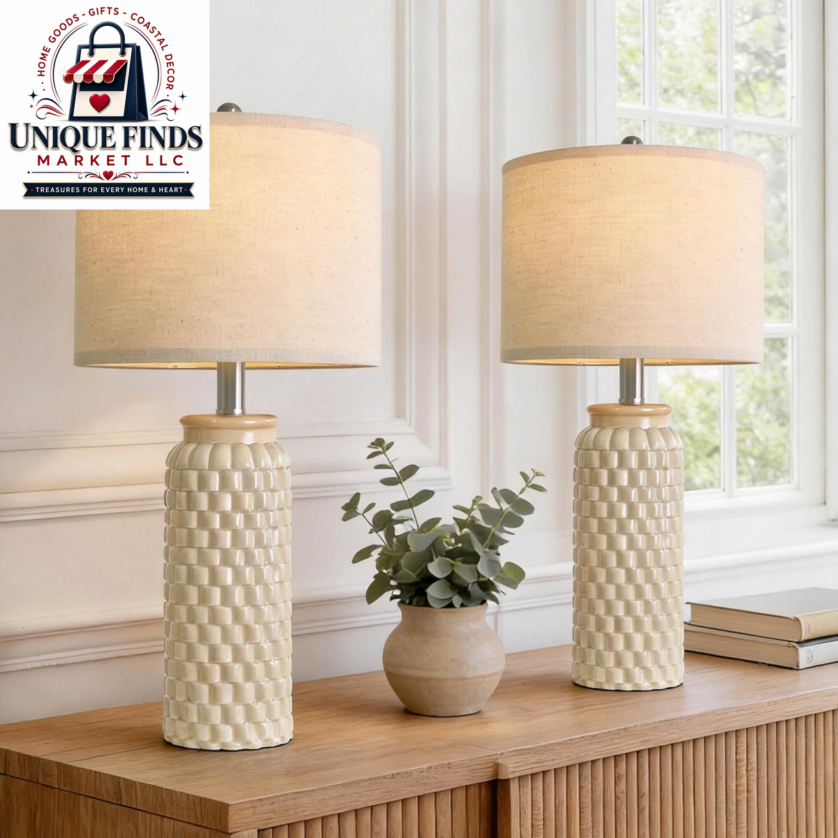 Usumkky 20.5-Inch Ceramic Table Lamp Set of 2 - Modern Farmhouse and Boho Design, Ideal for Bedroom Nightstands and Living Room End Tables, Compact Desk Lamps in Cream
