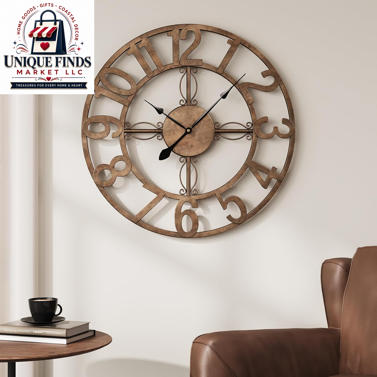 Cuspin 24-Inch Gold Metal Wall Clock for Elegant Living Room Decor