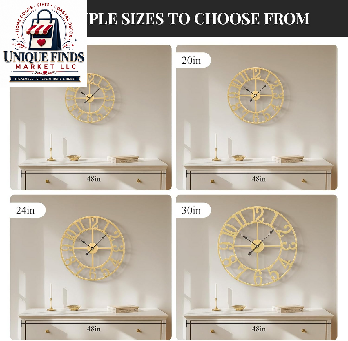 Cuspin 24-Inch Gold Metal Wall Clock for Elegant Living Room Decor