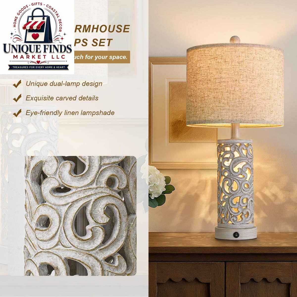 Set of 2 OYEARS 22-Inch Distressed Grey Bedside Table Lamps with Night Light