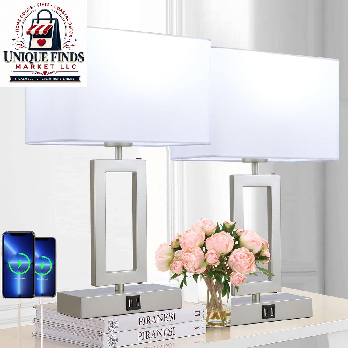 Set of 2 Modern 22'' Black and Gold Touch Control Table Lamps with USB Ports, 3-Way Dimmable Function and LED Bulbs Included, Ideal for Bedrooms and Living Room End Tables