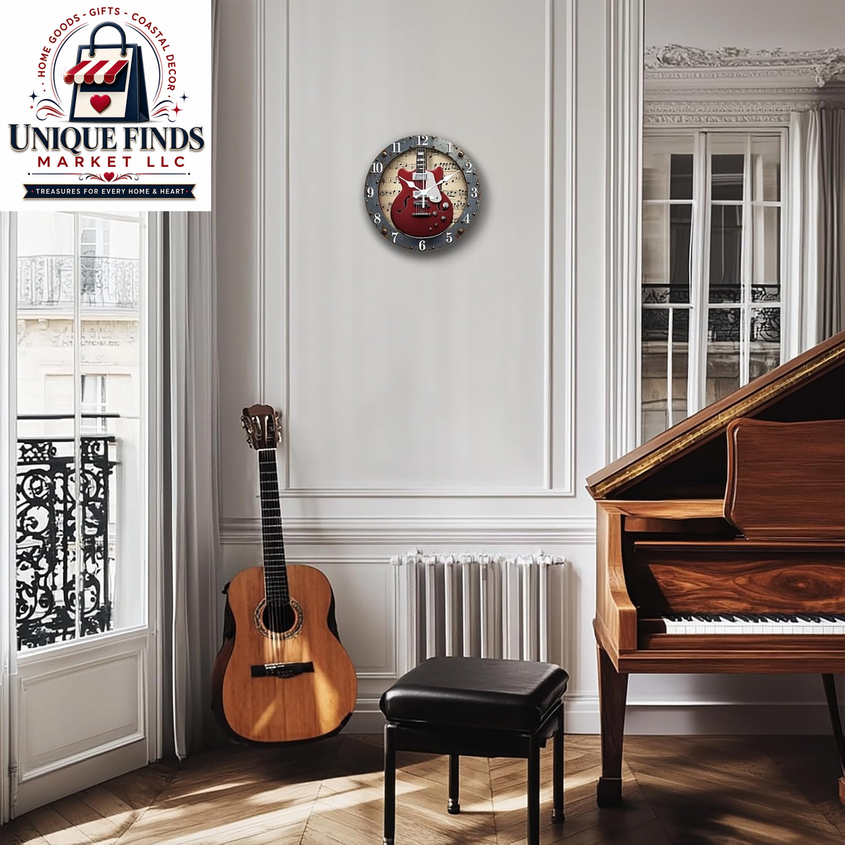 CHGCRAFT Industrial-Style 12-Inch Round Wall Clock with Guitar Pattern