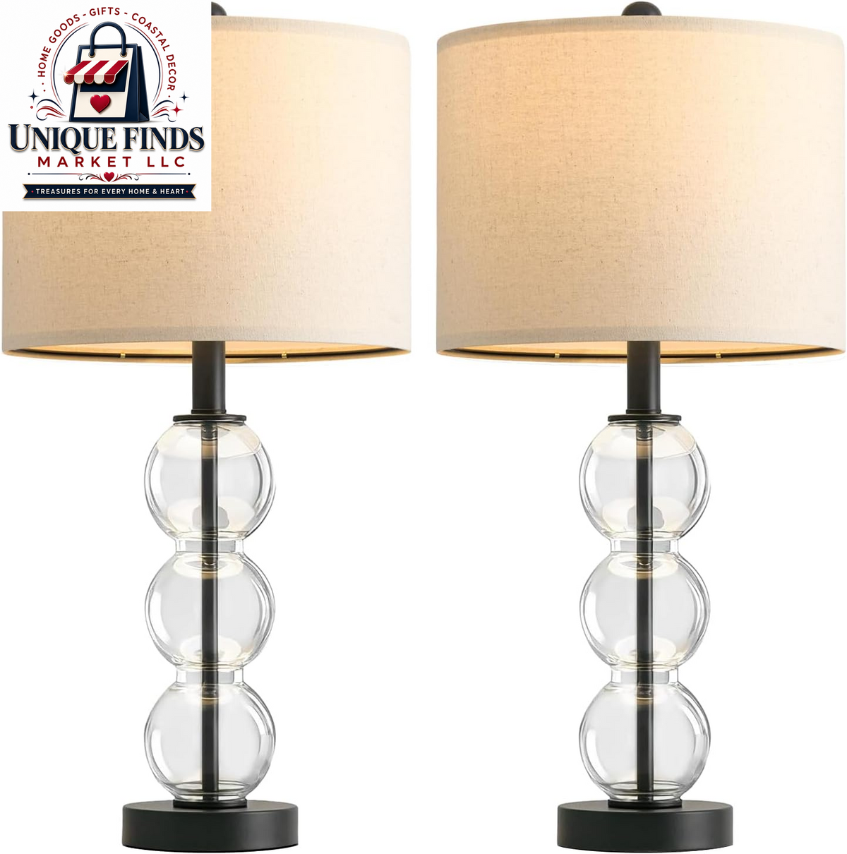 Oneach 25-Inch Black Modern Glass Table Lamps Set of 2 with USB Ports, Linen Shade for Living Room and Bedroom Nightstands (Bulbs Not Included)