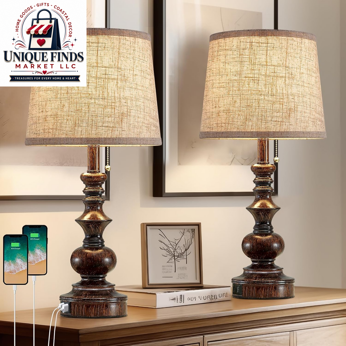 Drawealth Set of 2 Farmhouse Table Lamps for Bedrooms with USB Charging Ports, Traditional Wooden Finish, Pull Chain, Bulbs Not Included