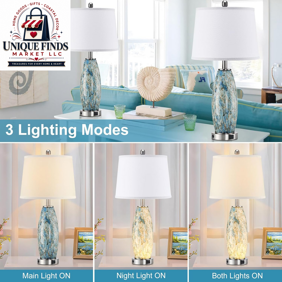 Lovlast 29-Inch Coastal Glass Table Lamp Set of 2 for Bedroom and Living Room