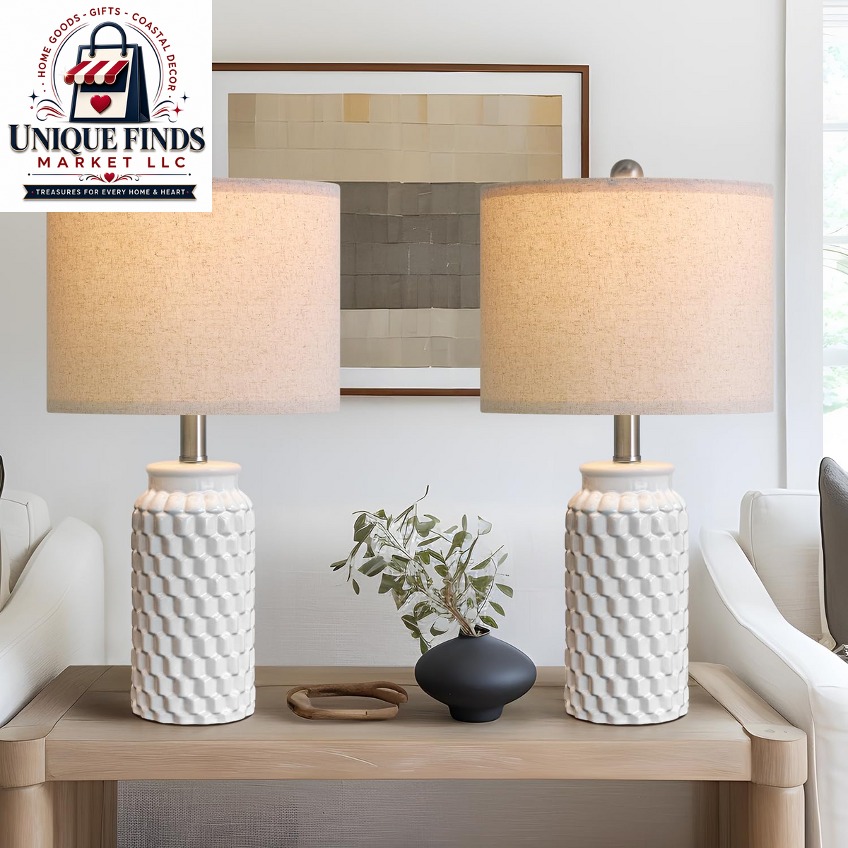 Usumkky 20.5-Inch Ceramic Table Lamp Set of 2 - Modern Farmhouse and Boho Design, Ideal for Bedroom Nightstands and Living Room End Tables, Compact Desk Lamps in Cream