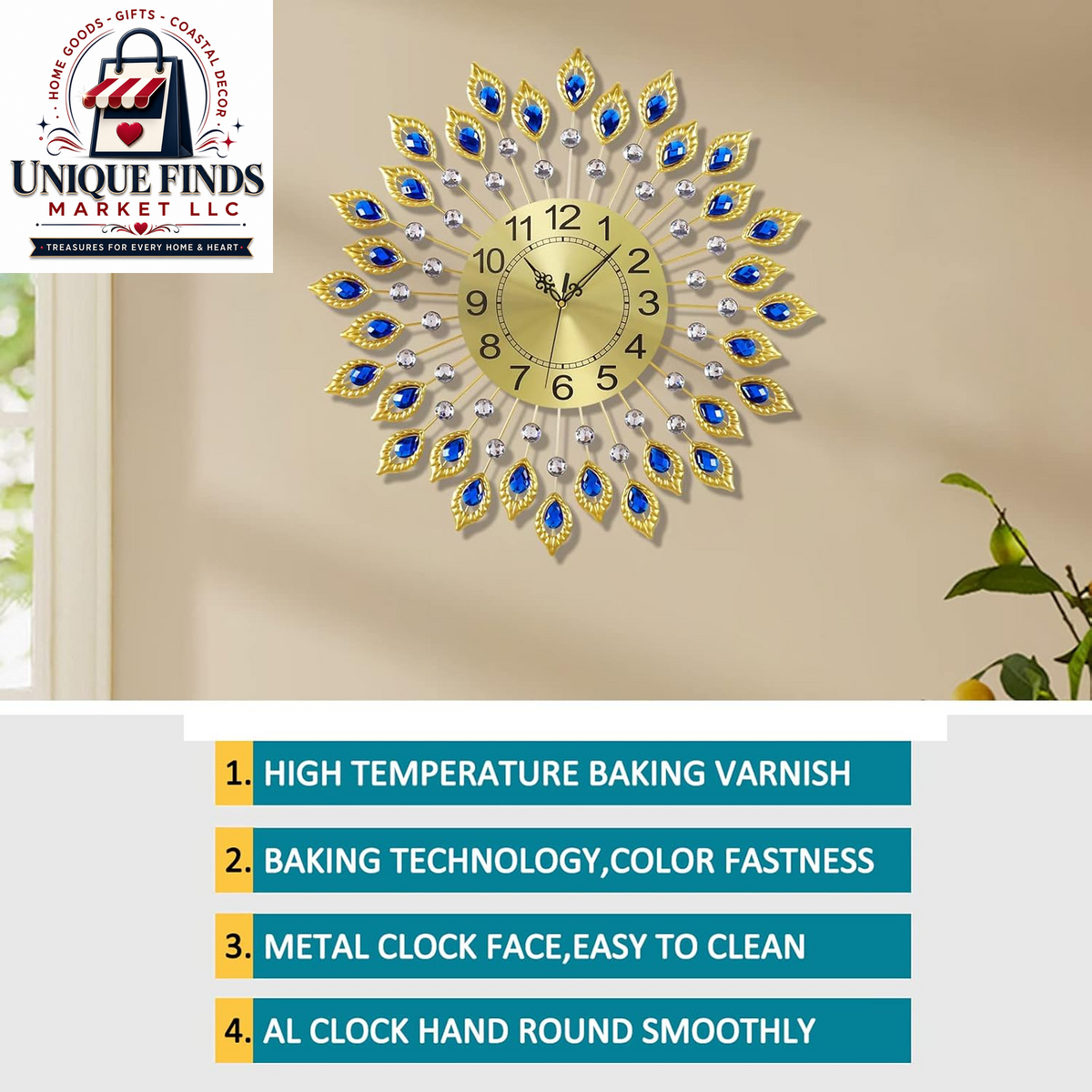 21.2-Inch Elegant Gold Large Wall Clock for Living Room Decor, Modern 3D Design with Arabic Numerals, Non-Ticking Silent Mechanism, Diamond Round Kitchen Clock