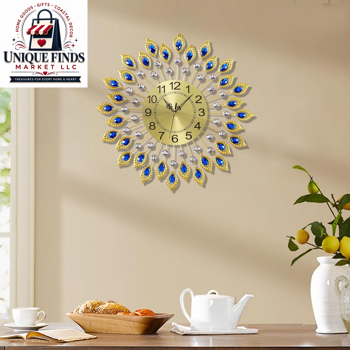 21.2-Inch Elegant Gold Large Wall Clock for Living Room Decor, Modern 3D Design with Arabic Numerals, Non-Ticking Silent Mechanism, Diamond Round Kitchen Clock
