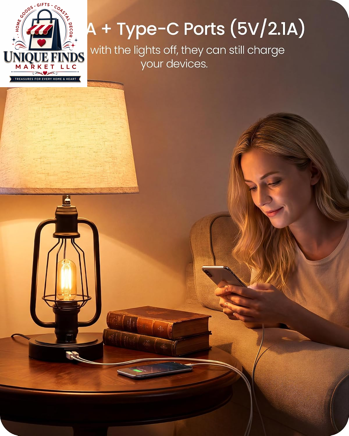 Set of 2 Farmhouse Industrial Bedside Table Lamps with USB Ports, Rustic Vintage Nightstand Desk Lamps for Living Room and Bedroom, Includes 4 Bulbs, Beige and Black E14TLP205