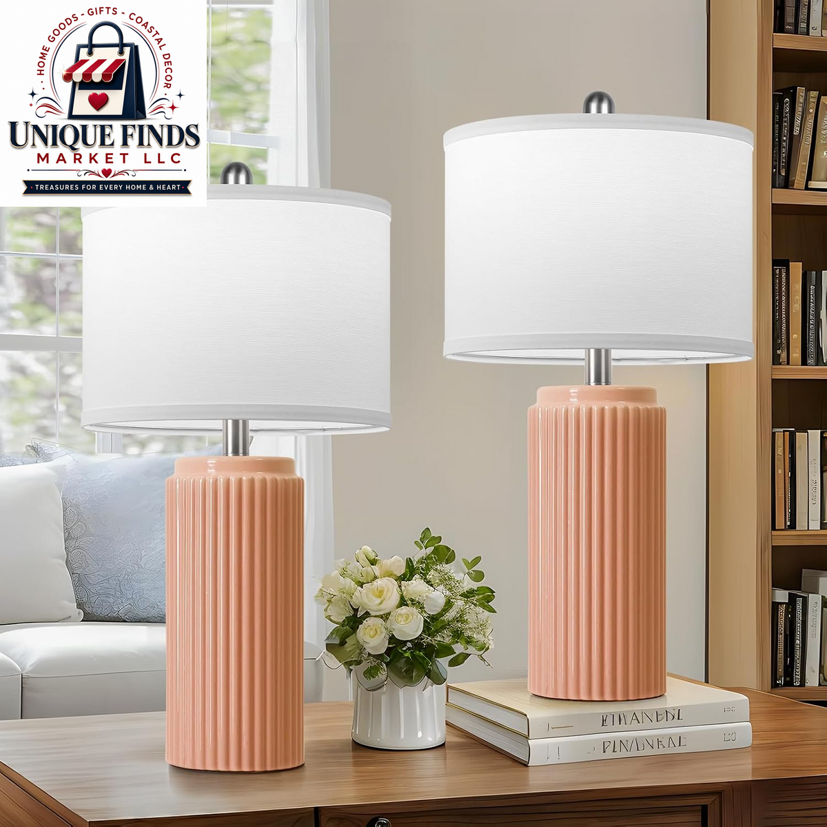 Set of 2 Modern 23.5’’ Orange Ceramic Table Lamps with White Shades for Bedroom and Living Room, Retro Farmhouse Design for Home Office and Dorm End Tables