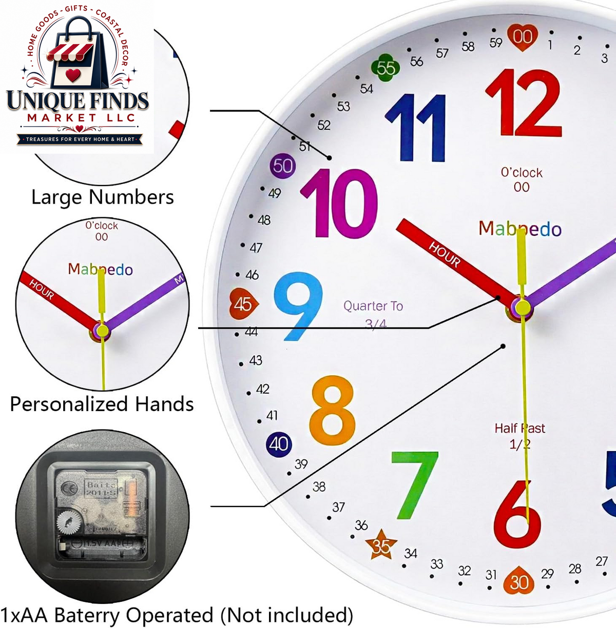 10-Inch Silent Analog Classroom Clock for Kids - Battery Operated Wall Clock for Educational and Home Decor Use, White